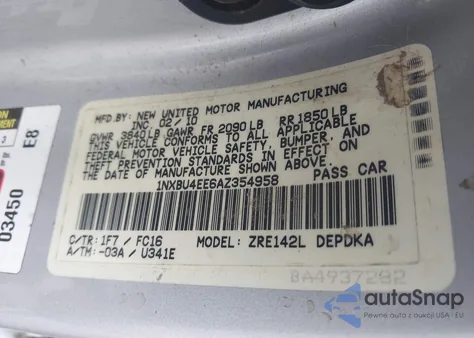 2010 Toyota Corolla Le z USA, uszkodzony, nr VIN 1NXBU4EE6AZ354958